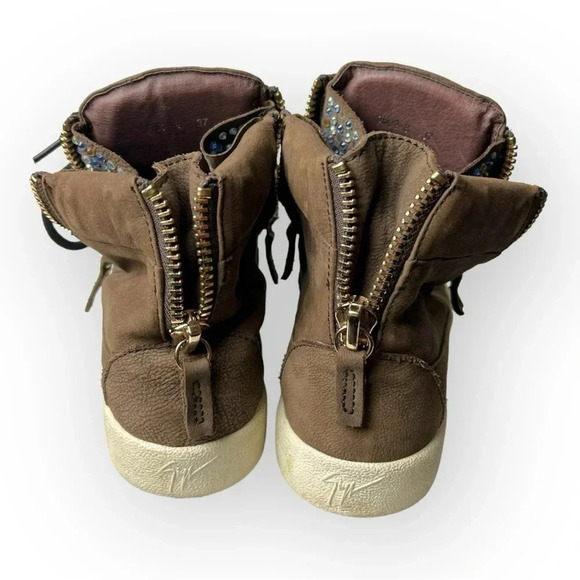 Giuseppe Zanotti  Brown Leather Donna Hi-Top Swarovski Crystal Sneakers 37 - Picture 2 of 13